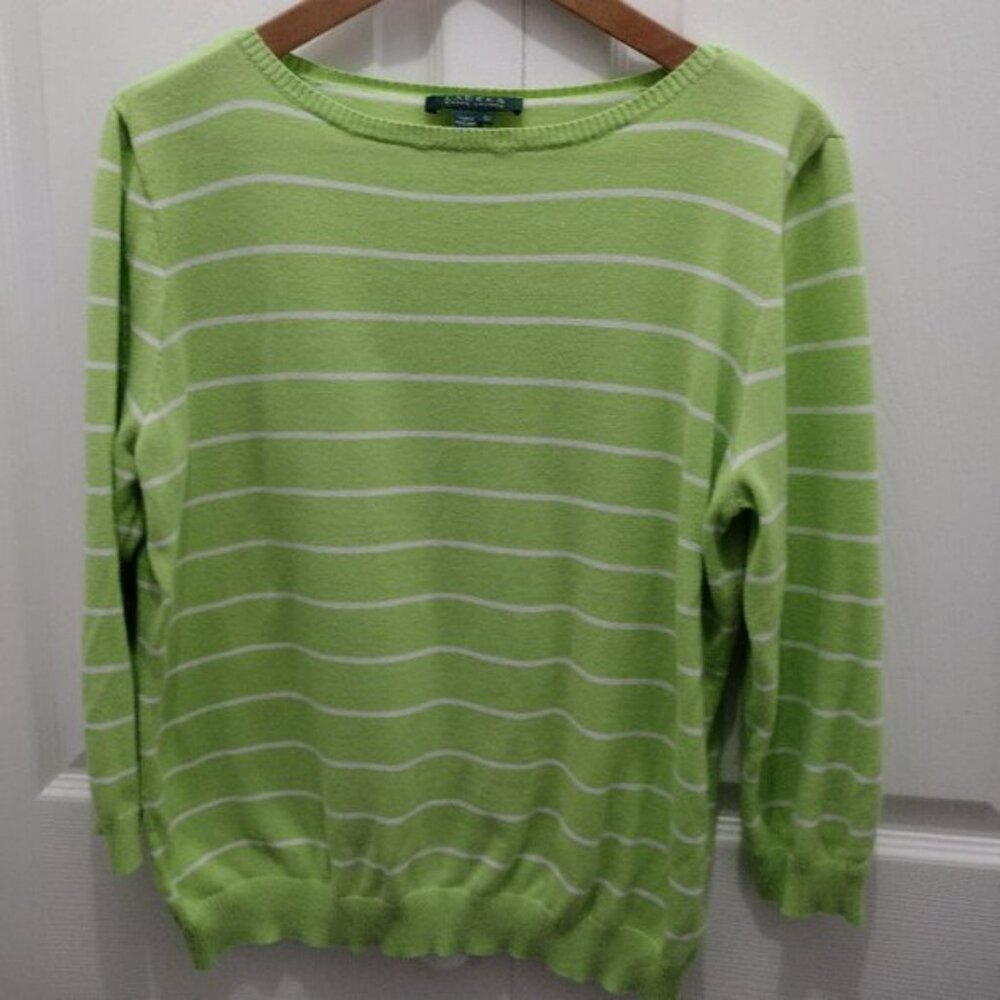 Lauren Ralph Lauren XL Green White Striped Cotton Sweater Lightweight Classic - Picture 6 of 6
